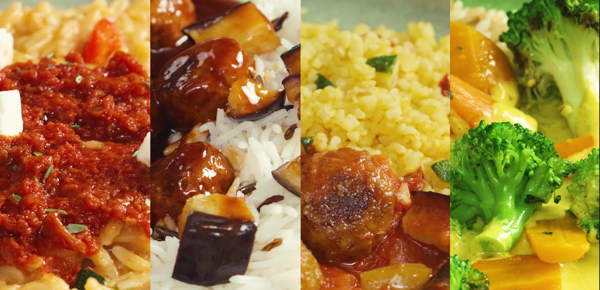 Plats dressés pour la caméra : boulettes nappées, riz, orzotto et légumes